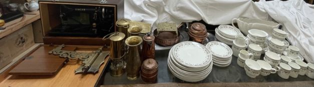 A Wedgwood part dinner service together with brass miners lamps, brass wares, copper pots,