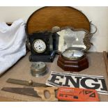 A black slate mantle clock together with a Seth Thomas wall clock, barometer,