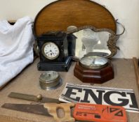 A black slate mantle clock together with a Seth Thomas wall clock, barometer,