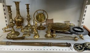 Assorted brasswares, including candlesticks, bells, warming pan,