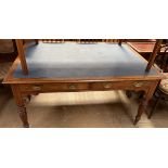 A Victorian oak library table with an inset top above drawers on reeded tapering legs and casters