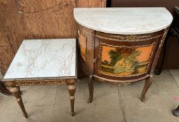 A French side cabinet with a marble top and a single door on shaped legs together with a faux