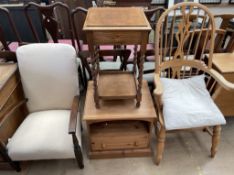 A modern Windsor type elbow chair together with a pine bedside cabinet,