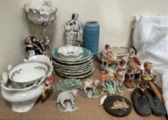 A collection of Staffordshire figures, together with a pair of Hummel figures, childrens shoes,