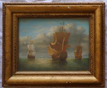 James Hardy War ships at sea Oil on board Signed 28 x 38cm