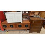 A teak sideboard together with a painted coffer and an oak chest of drawers