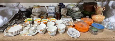 A pair of Japanese satsuma pottery vases together with part tea sets, glass dishes,