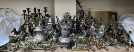 Assorted brass wares including candlesticks, teapot stands,