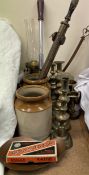 A Brass oil lamp together with candlesticks, rolls razor, screwdriver,