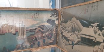 A set of five glass panels painted with warriors together with oriental watercolours