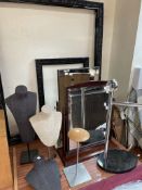 A chrome framed easel mirror together with jewellery display stands and high gloss picture frames