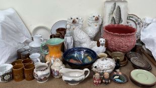 A Shelley drip glaze jug together with Staffordshire dogs, Gwili Art pottery bowl,