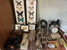 An Agfa family camera together with wristwatches, an electroplated epergne, taxidermy butterflies,