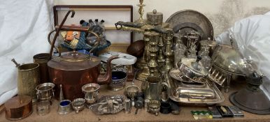 A copper kettle together with brass candlesticks, electroplated wares, cruet set, flatwares,