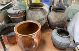 A copper saucepan together with a copper twin handled pail,