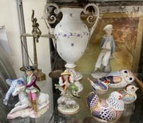 An Herend twin handled pedestal lidded Vase, together with an Herend goose, Lladro figure,