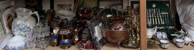 A large lot including a cased part flatware service, copper lustre jugs copper kettle,