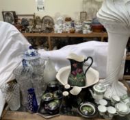 A Coalport part coffee set together with a dressing table set, jardiniere on a stand, glass vases,