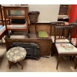 A coffer together with a tea trolley with glass doors, a bergere plant stand, two trays,