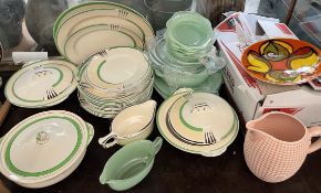 A Queens Green Solian Ware Art Deco inspired part dinner set together with a green glass dessert