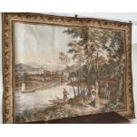 A Belgian tapestry wall hanging depicting figures by a river together with two other Belgian