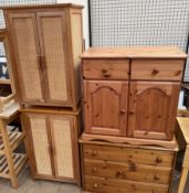 A modern pine chest with three drawers together with a pine dresser base and two pine and wicker