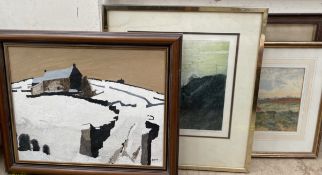 In the style of Donald McIntyre A snowy farmstead scene Oil on canvas Together with a print of the