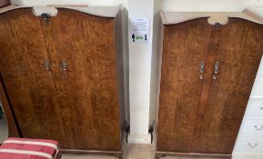 A 20th century walnut three piece bedroom suite comprising two wardrobes and a dressing table