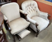 A Victorian button back upholstered walnut framed library chair together with another elbow chair