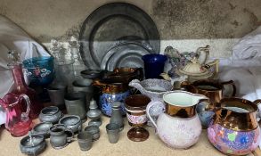 Assorted copper lustre jugs, pewter chargers, pewter tankards, cranberry glass,