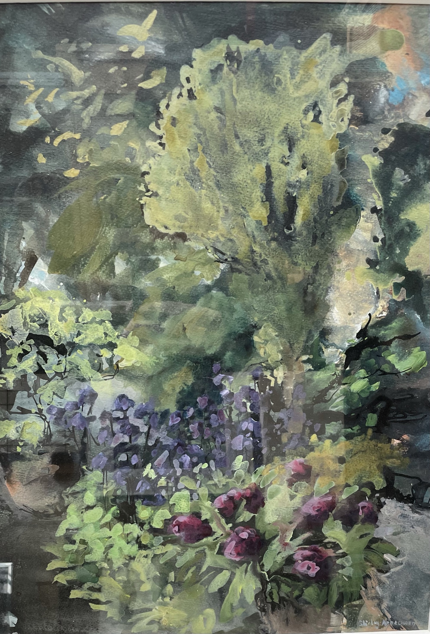 Shirley Anne Owen Garden Scene Watercolour Together with a set of four prints of oriental figures,