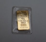 A 10g fine gold bar, stamped to one side 'Credit Suisse 10g Fine gold 999.