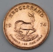 South Africa - A 1974 Krugerrand, 1 oz. fine gold (.999). Obv: Bust of Paul Kruger left.