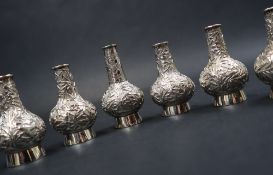 A set of six Chinese silver miniature vases decorated with bamboo forests and birds, Cumshing mark,