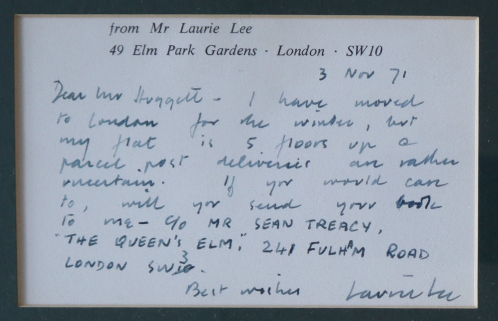 Laurie Lee Three hand written letter / note cards, Dated April 9 '57, - Image 2 of 4