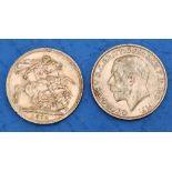 Two George V gold sovereigns,