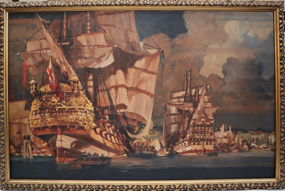 Leslie Carr (1891-1969) Old Southampton War ships and other boats in the harbour Oil on - Image 2 of 8