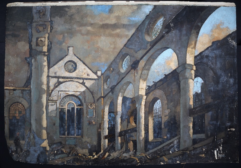 Leslie Carr (1891-1969) A Bombed church site with Fireman present Oil on canvas - Image 2 of 4