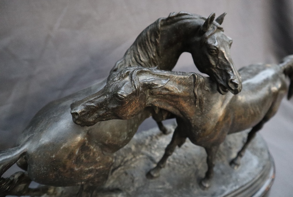 After P J Mene Two horses Spelter On an oval baser Bears a signature 56cm long x 25cm wide x 41cm - Image 3 of 10