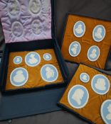A collection of fourteen individually numbered Wedgwood pale blue and white jasper portrait