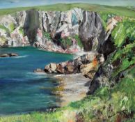 Mavis Gwilliam From the Coastal Path, Rhoscolyn Oil on board Signed and inscribed verso 41 x 45.