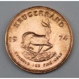 South Africa - A 1974 Krugerrand, 1 oz. fine gold (.999). Obv: Bust of Paul Kruger left.