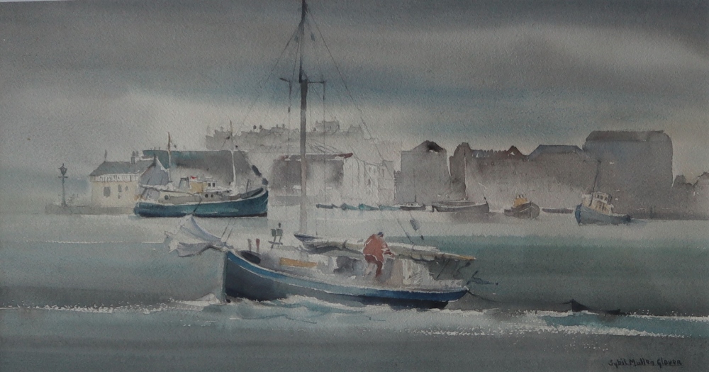 Sybil Mullen Glover Saturday preparations Watercolour Signed and label verso 27 x 50.