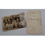 A Gloucestershire Cricket team 1929 postcard together with "The team who brought back the Ashes"