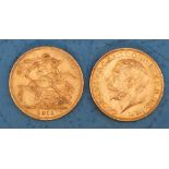 Two George V gold sovereigns,