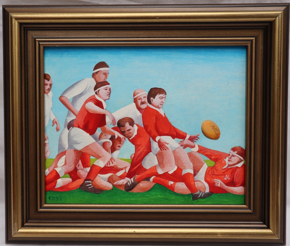 Ralph Spiller Welsh Rugby Oil on board Initialled '92 18 x 23cm ***Artists Resale Rights may apply - Image 4 of 4