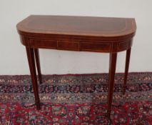 A 19th century mahogany card table with a D shaped cross banded top on square tapering legs, 91.