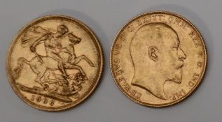 Two Edward VII gold sovereigns,