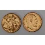 Two Edward VII gold sovereigns,