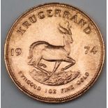 South Africa - A 1974 Krugerrand, 1 oz. fine gold (.999). Obv: Bust of Paul Kruger left.